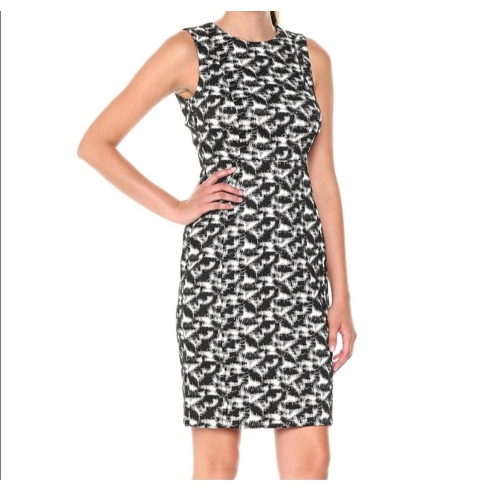 Calvin Klein Dress Women 10 Black White Abstract Jacquard Sleeveless Sheath